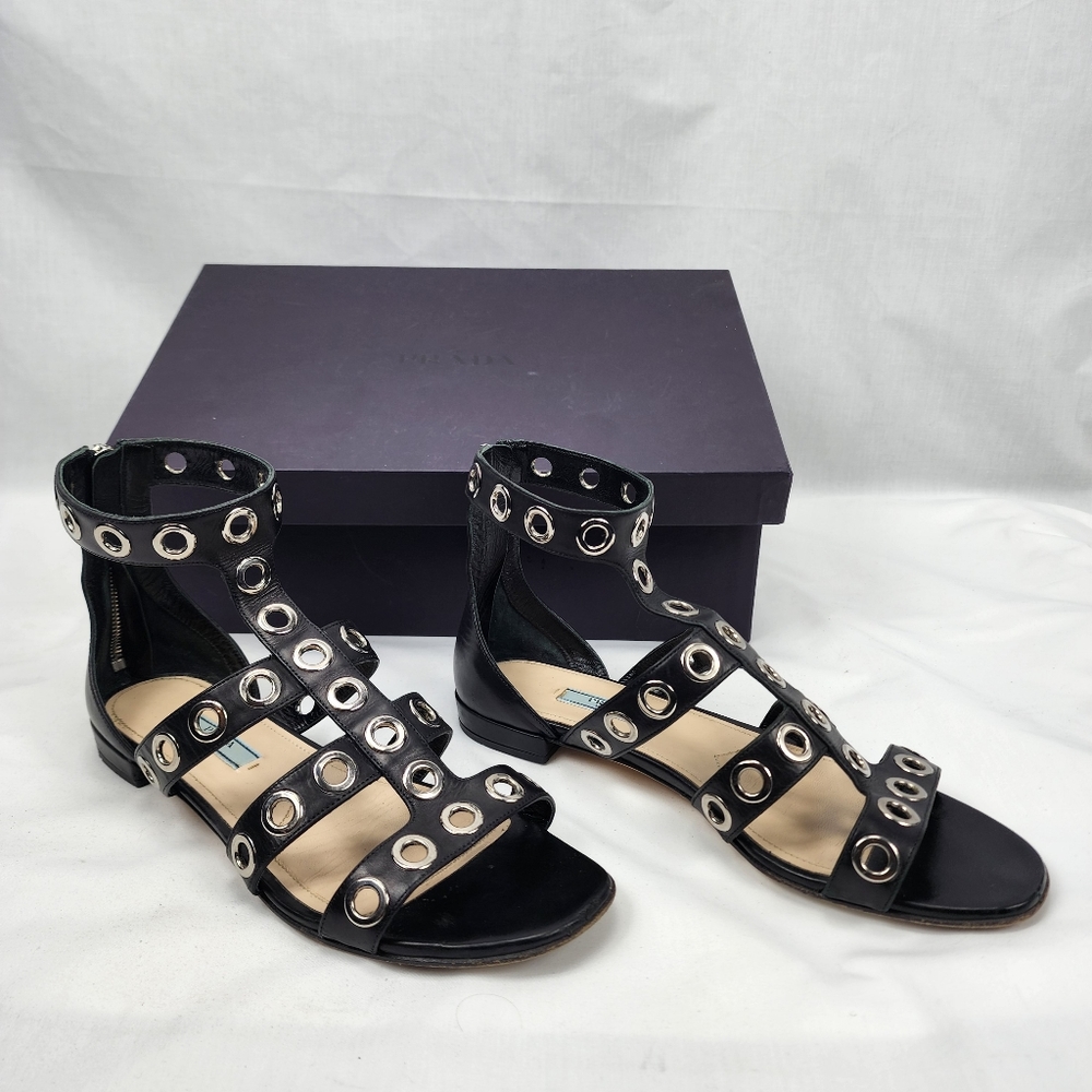 Prada Black Leather Embellished Ankle Strap Sandals Prada Size 37.5 US 7.5